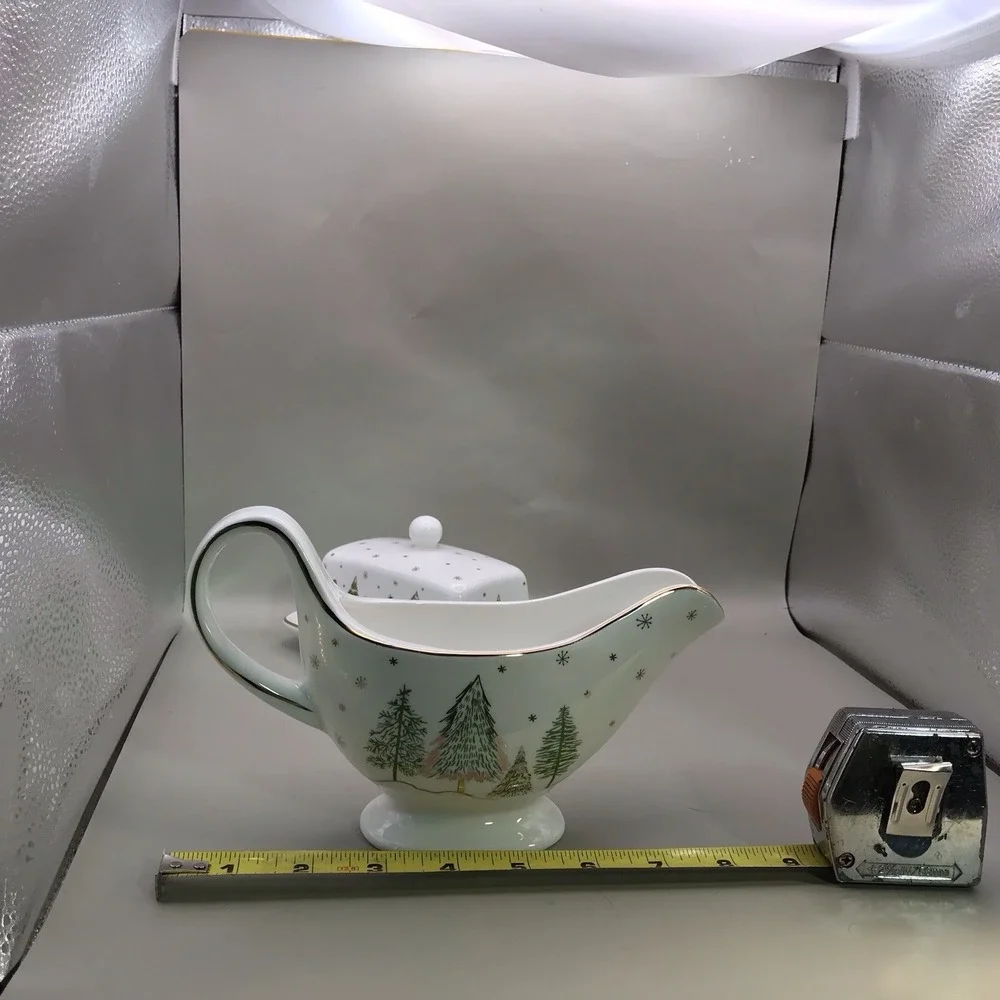 Grace Teaware Porcelain Butter Dish And Gravy Boat Trees And Snow And Gold Trim - Picture 16 of 16